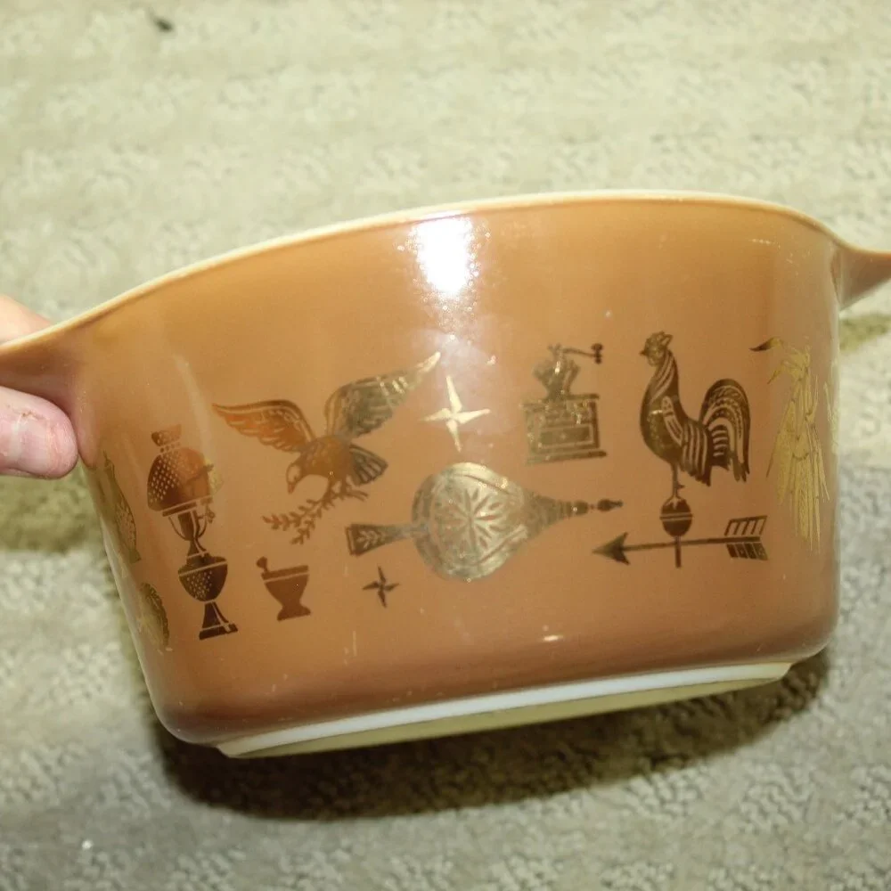 Vintage Pyrex - 3 pc Brown Early American Oval Casserole 043 1.5 QT. w Lid /473